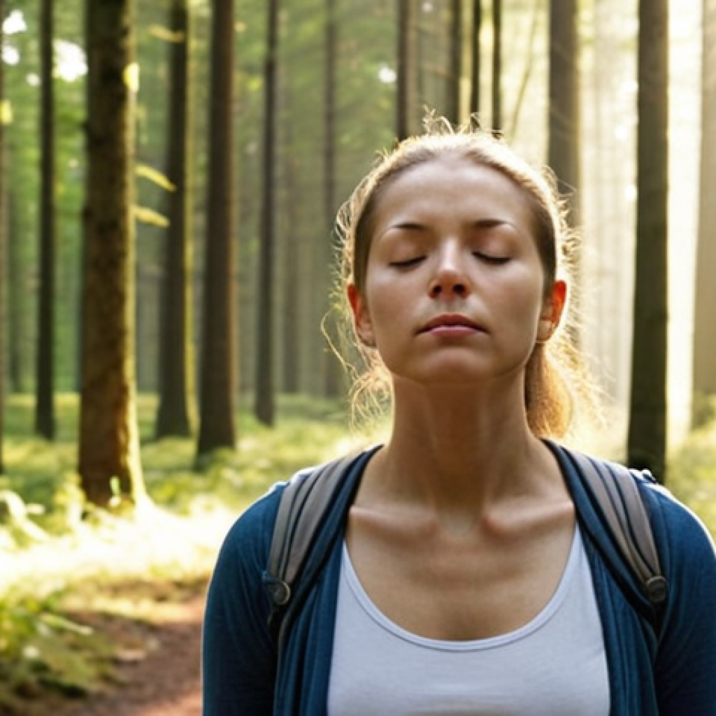 **

A serene woman practicing mindful breathing during a nature walk in a Dutch forest. Sunlight filters through the trees. Use soft, natural lighting. Focus on the woman's peaceful expression and the beauty of the surroundings. Keywords: mindfulness, nature, serenity, Dutch forest, breathing exercise, peaceful, sunlight.

**