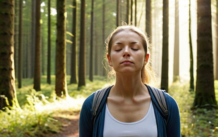 **

A serene woman practicing mindful breathing during a nature walk in a Dutch forest. Sunlight filters through the trees. Use soft, natural lighting. Focus on the woman's peaceful expression and the beauty of the surroundings. Keywords: mindfulness, nature, serenity, Dutch forest, breathing exercise, peaceful, sunlight.

**