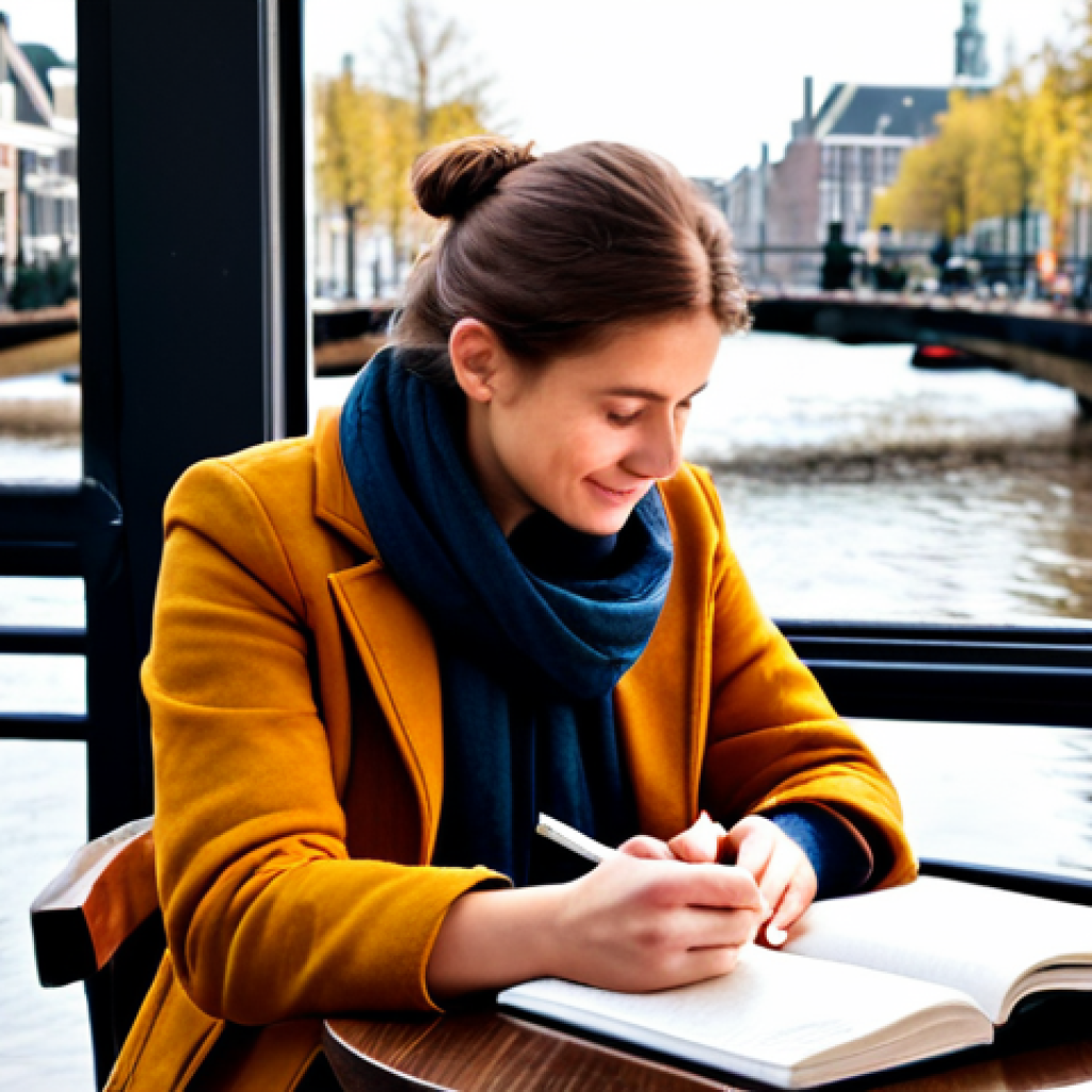 Compassionate Self-Reflection**
"A person sitting in a cozy Amsterdam café, fully clothed in comfortable, stylish Dutch clothing, journaling with a warm drink on the table. Soft, natural light. The background shows a charming canal view. Focus on a peaceful expression, showcasing self-acceptance. Safe for work, appropriate content, fully clothed, modest, perfect anatomy, correct proportions, natural pose, professional photography, high quality."
**