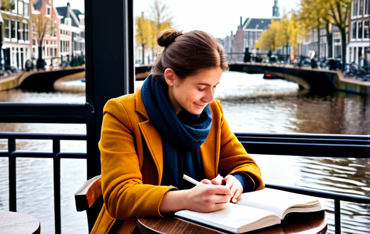 Compassionate Self-Reflection**
"A person sitting in a cozy Amsterdam café, fully clothed in comfortable, stylish Dutch clothing, journaling with a warm drink on the table. Soft, natural light. The background shows a charming canal view. Focus on a peaceful expression, showcasing self-acceptance. Safe for work, appropriate content, fully clothed, modest, perfect anatomy, correct proportions, natural pose, professional photography, high quality."
**