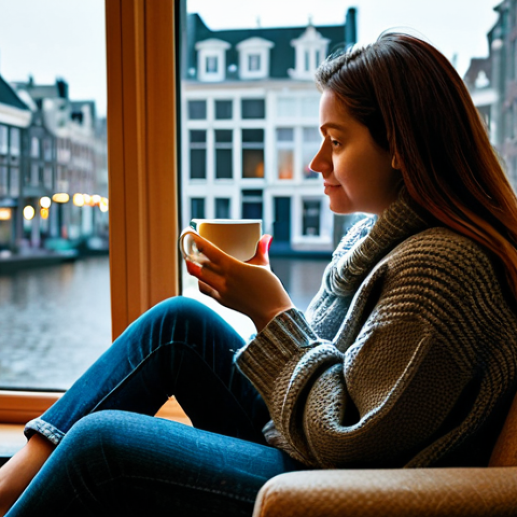 Reflective Moment**
"A woman in a cozy, fully clothed sweater and jeans sits on a comfortable armchair by a window, looking thoughtfully out at a rainy day in Amsterdam. She is holding a warm cup of tea. The scene is warm and inviting, with soft lighting and a bookshelf in the background. Safe for work, appropriate content, fully clothed, professional photography, perfect anatomy, natural proportions, modest attire, family-friendly."
**
