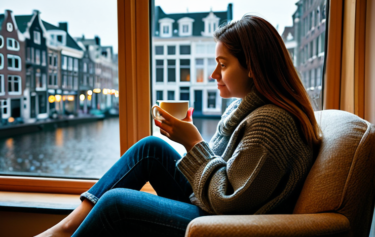 Reflective Moment**
"A woman in a cozy, fully clothed sweater and jeans sits on a comfortable armchair by a window, looking thoughtfully out at a rainy day in Amsterdam. She is holding a warm cup of tea. The scene is warm and inviting, with soft lighting and a bookshelf in the background. Safe for work, appropriate content, fully clothed, professional photography, perfect anatomy, natural proportions, modest attire, family-friendly."
**