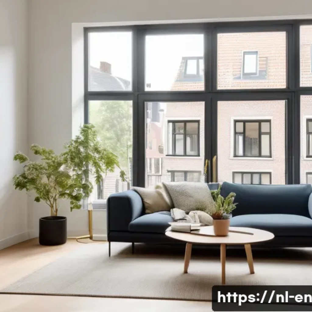 자기 수용을 위한 미니멀리즘 접근 - A serene minimalist living room in a modern Dutch apartment with large windows showing a canal view,...