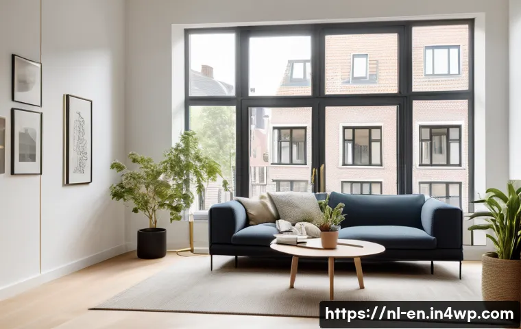 자기 수용을 위한 미니멀리즘 접근 - A serene minimalist living room in a modern Dutch apartment with large windows showing a canal view,...