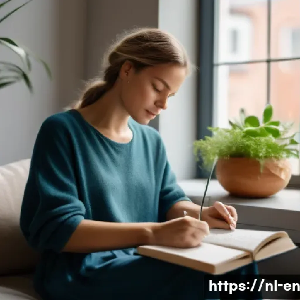 자기 수용의 단계별 접근법 - A serene Dutch woman sitting peacefully in a cozy, modern living room with soft natural light stream...
