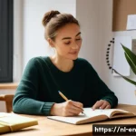자기 수용을 위한 목표 달성 전략 - A cozy, sunlit home office scene featuring a young Dutch adult woman sitting at a wooden desk with a...