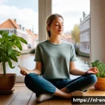 자기 수용과 심리적 웰빙의 관계 - A serene Dutch woman practicing mindfulness meditation in a cozy, sunlit living room overlooking a c...