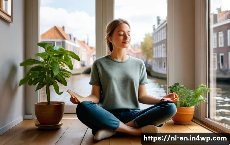 자기 수용과 심리적 웰빙의 관계 - A serene Dutch woman practicing mindfulness meditation in a cozy, sunlit living room overlooking a c...