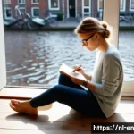 자기 수용을 위한 개인적인 성장 이야기 - A serene Dutch woman in her early 30s sitting cross-legged on a cozy living room floor, journaling h...