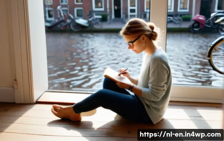 자기 수용을 위한 개인적인 성장 이야기 - A serene Dutch woman in her early 30s sitting cross-legged on a cozy living room floor, journaling h...