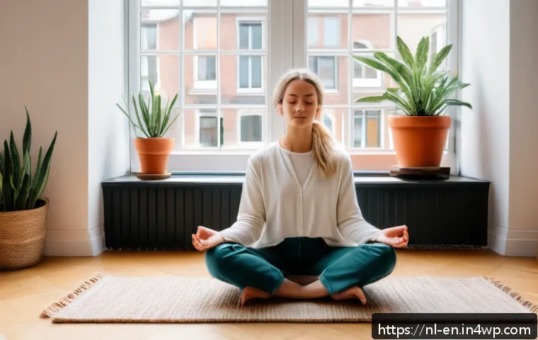 자기 수용의 정의와 관련 연구 - A serene, cozy indoor scene featuring a young Dutch woman practicing self-compassion meditation. She...
