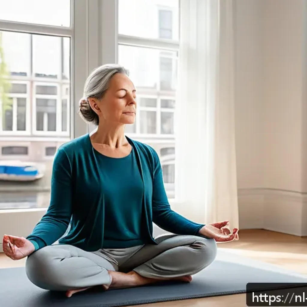 자기 수용을 위한 회복탄력성 기르기 - A serene, cozy indoor scene showing a middle-aged Dutch woman practicing mindfulness meditation in a...