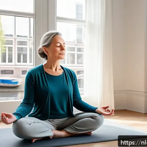 자기 수용을 위한 회복탄력성 기르기 - A serene, cozy indoor scene showing a middle-aged Dutch woman practicing mindfulness meditation in a...