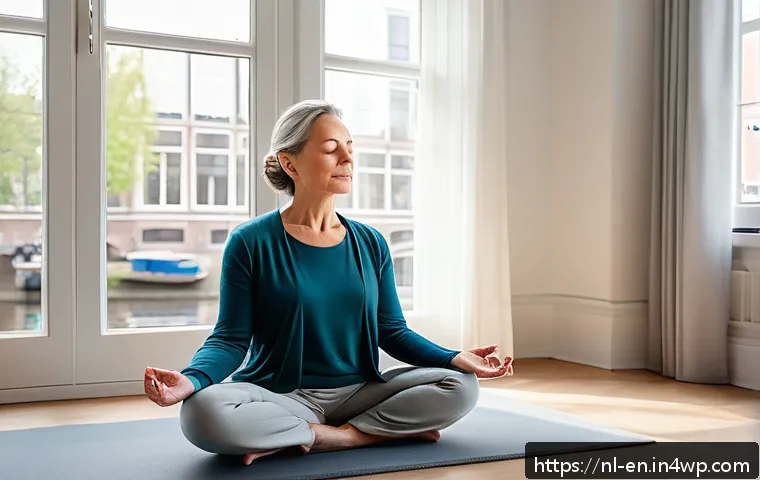 자기 수용을 위한 회복탄력성 기르기 - A serene, cozy indoor scene showing a middle-aged Dutch woman practicing mindfulness meditation in a...