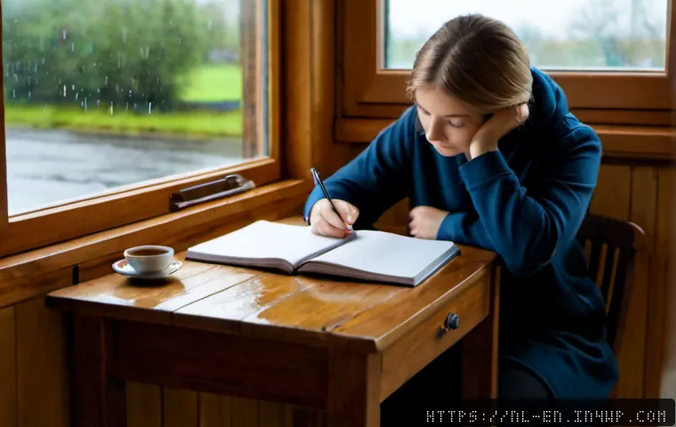 Home 17 자기 수용을 위한 비판적 자기 분석 - Photorealistic Dutch adult sitting alone at a tidy wooden desk beside a rain-speckled window, though...