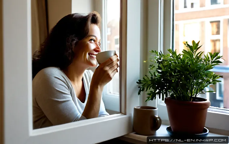 Home 13 자기 수용과 삶의 만족도 사이의 관계 - Photorealistic lifestyle scene of a relaxed Dutch woman in her early 50s sitting by a large apartmen...