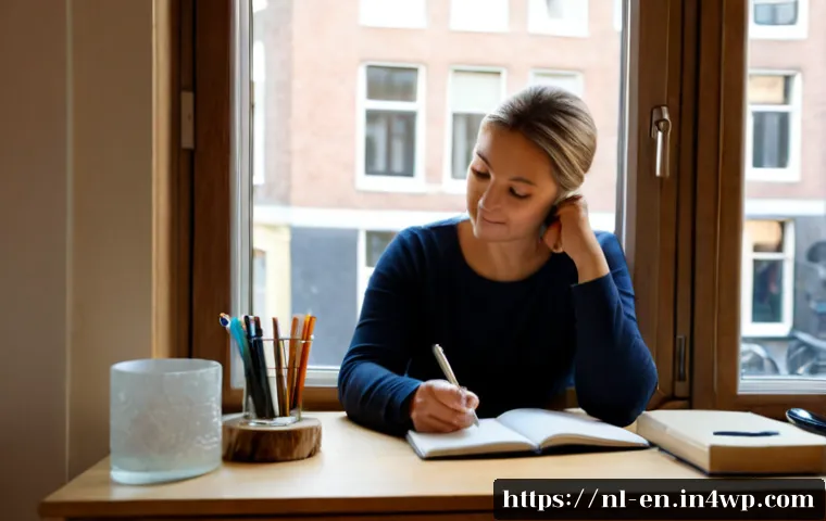 Home 15 자기 수용 심화 실천을 위한 전략 모색하기 - Photorealistic Dutch woman in her early 50s practicing self-acceptance at a tidy wooden desk beside ...